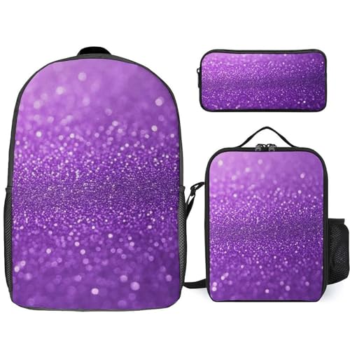 17 Inch Backpack with Lunch Bag and Pencil Case Set Purple Glitter Sparkle Pattern Casual Daypack Insulated Lunch Box Stationery Organizer Pouch