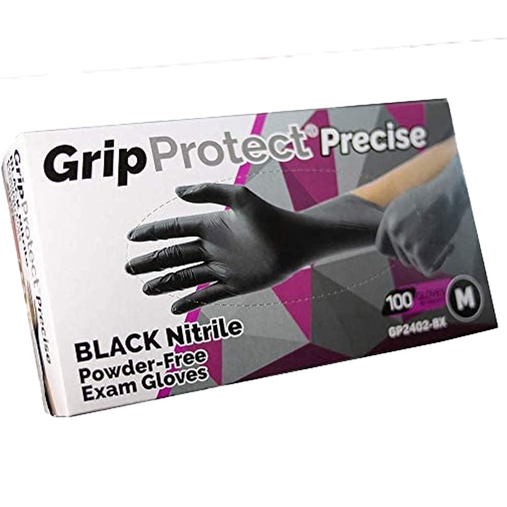 GripProtectPrecise Black Nitrile Exam Gloves, Fentanyl Resistant, Chemo-Rated, for Food, Home, Hospital, Law Enforcement, Tattoo 100/bx (Medium)