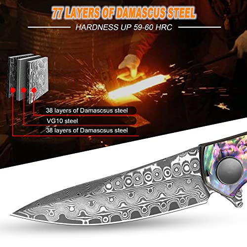 Aubey Damascus Pocket Knife For Men Women, 3.23 Inch Blade Of Edc Hunting Knives With Abalone Shell Handle, Ball Bearing, Liner Lock - Sharp Damascus Steel Knife With Clip, Gift For Camping #TOP1