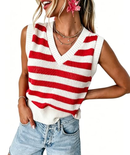 Image of MARZXIN Women Sleeveless Sweater V Neck Casual 2026 Fall Knitted Chevron V Neck Sweater Vest Color Block Pullover Sweater Top