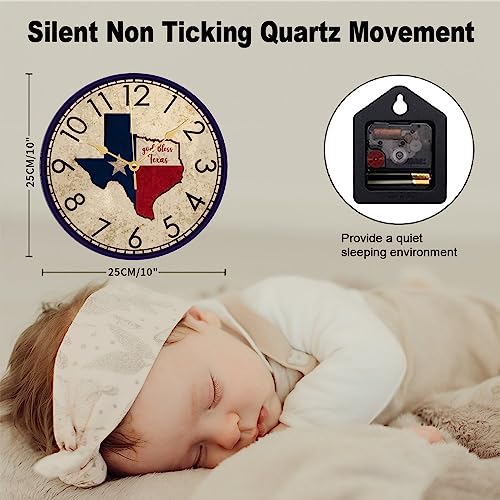 God Bless Texas Wooden Wall Clock Rustic Tuscan Battery Operated Clock Silent Non Ticking Wall Clocks Numerals Wall Clocks Decorative For Kitchen Living Room Bedroom Office Farmhouse Gift 10 Inch #TOP1