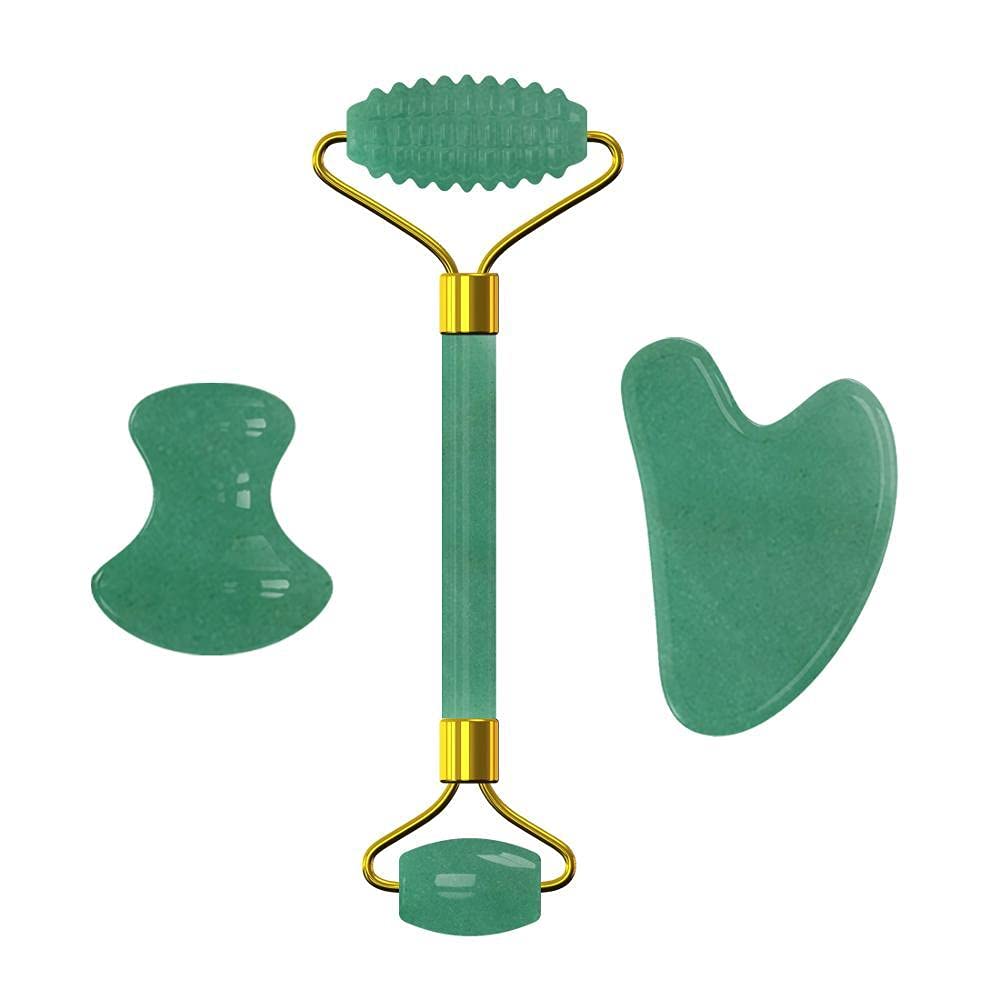 Jeu de rouleaux de visage Massage du visage Massage naturel Jade Jade Gouache Set Ensemble de jet d'aventurine Visage en pierre Roller Massager-3 en 1 ensemble CIB