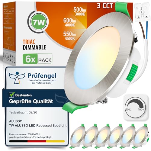 ALUSSO LED Einbaustrahler 230V Dimmbar 68mm 7W Ultra Flach IP44 LED Spots Warmweiß Neutralweiß Kaltweiß Einbauleuchten für Badezimmer Küche Wohnzimmer, Nickel Gebürstetes, 6er Set