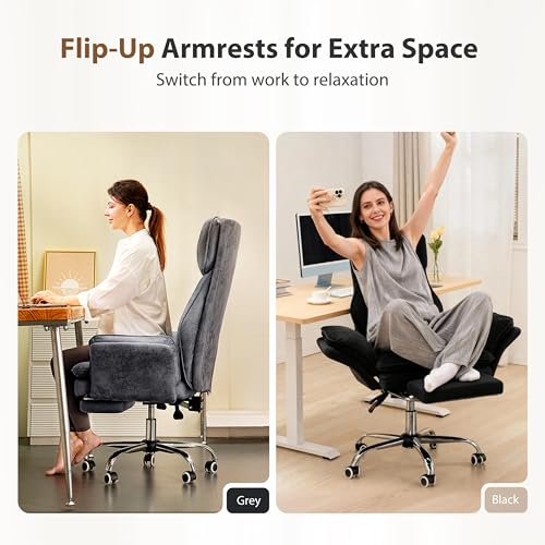Image of Big and Tall Office Chair, Flip Armrests for Pets & Cross Legged Sitting, Executive Ergonomic Computer Gaming Chair with Foot Rest, Crystal Velvet Wide Seat Reclining Desk Chair