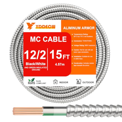 Image of 15FT 12 /2 Metal Clad (MC) Cable with Ground, 12 Gauge Electric Wire with Aluminum Armor, Solid Bare Copper Conductors for Indoor Outdoor Underground Embedded Installation (12 /2, 15 ft)