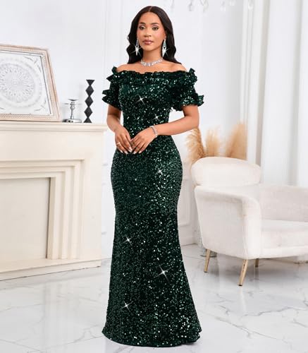 Image of dasmzper Women Sexy Sequin Off Shoulder Ruffle Short Sleeve Bodycon Mermaid Party Formal Evening Maxi Dress