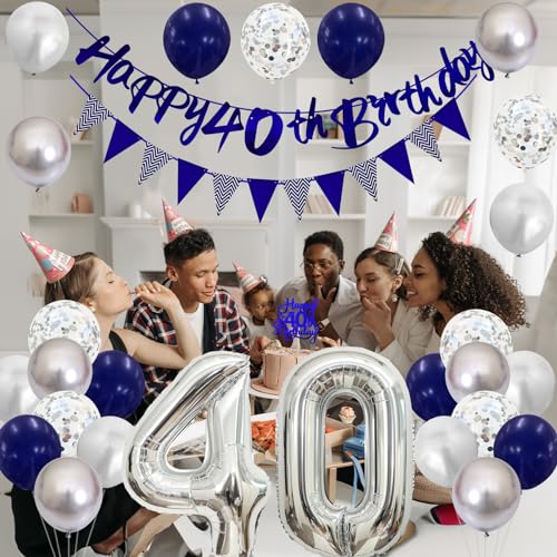 Image of 40th Birthday Decorations for Women Men, Blue Silver 40th Birthday Balloons, Blue Happy 40th Banner Cake Topper Number 40 Foil Balloon for 40 Year Old Party Decor