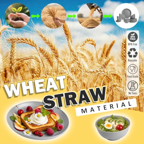 Image of Wheat Straw Dinnerware Sets, Plates and Bowls Sets, 32 PCS Dinnerware Sets Service for 8, Unbreakable Reusable Plates Set, Outdoor Kitchen and Apartment Dinning Essentials - Gray