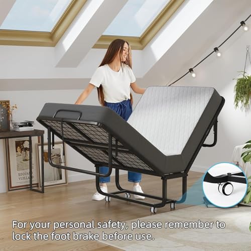Folding Bed with Mattress, Portable Rollaway Bed for Adults - Foldable Cot Size Bed Frame with 5" Memory Foam Mattress and Storage Cover, Guest Day Bed with Metal Fold Up Bed on Wheels, 75"x31" by CAIYUN - Used condition - Image 7
