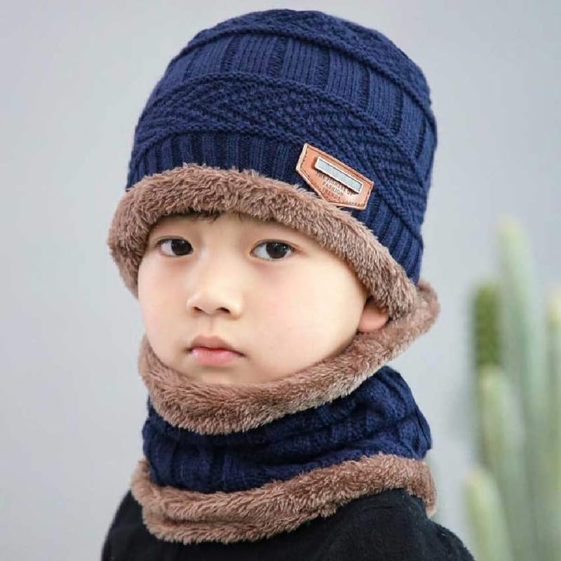 Dressify® (A Grade Cashmere Wool - Imported Soft Warm Snow and Air Proof Fleece Knitted (Inside Soft Fleece) Woolen Beanie Winter Cap with Scarf for Kids Boy's I Girl's Blue Color 3