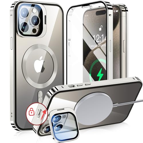 ✨iPhone 15 Pro ケース 強化ガラス カメラスタンド ブルー 青 iPhone 15 Pro 用 ケース ブルー 強化ガラス カメラスタンド