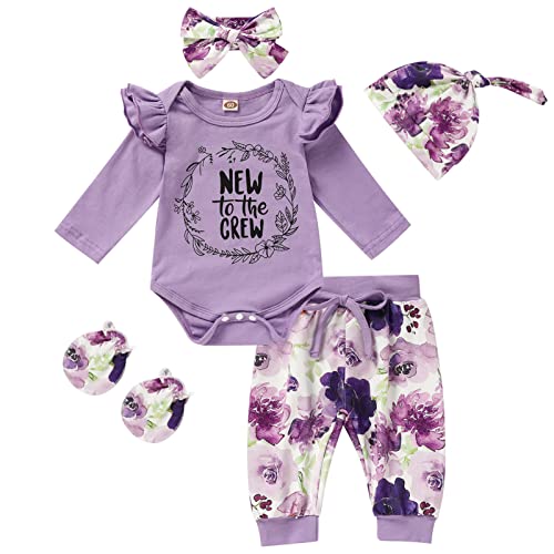Image of ZOELNIC Newborn Baby Girl Outfits Letter Print Long Sleeve Romper+Floral Pants+Hat+Headband+Gloves 5PCS Clothes Set