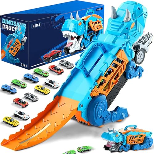 LUHI Dinosaurios de Juguete, Dinosaurio Coche, Pista de Dinosaurios con 12 carros, carros Dinosaurios, transformable, Pista Deslizante de catapulta, Divertidos Juguetes de Dinosaurios y Coches.