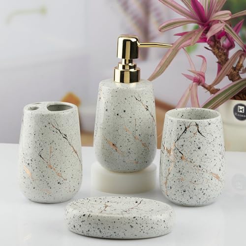 Image of Kookee Ceramic Bathroom Accessories Set 4 Piece | Soap Dispenser, Toothbrush Holder, Tumbler & Soap Dish | Modern Bath Decor for Home & Guest Bathroom, Light Grey (10429)