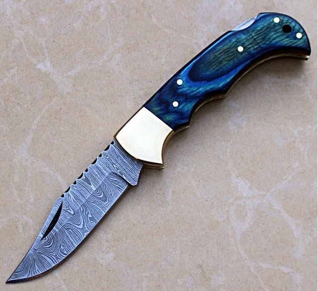 Nesmo-505 Handmade Damascus steel Personalized Folding Knife Groomsman Gift Pocket Knife with Back Lock Gift for Boyfriend Men Anniversary Wedding Birthday Gift with leather Pouch ( Blue Pakka Wood Handle)
