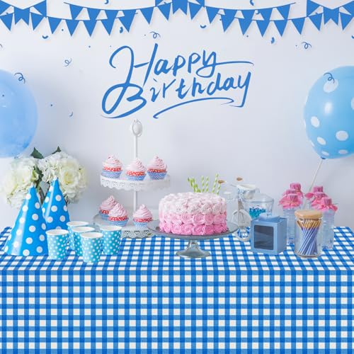 Image of 12 Pack Blue and White Plastic Checkered Tablecloth, Premium Decorative Disposable Blue Gingham Plaid Table Cloths for Parties, Rectangle Party Table Cover for Picnic Farm Birthday Wedding, 54x108Inch