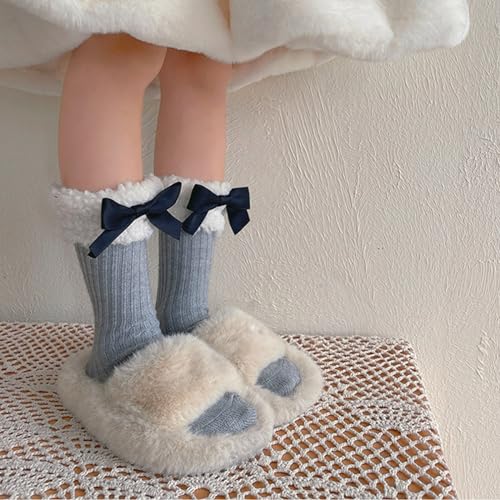 Breathable Cotton Hosiery Socks For Girls Toddler Stretchy Knee High Lamb Fleece Edge Bow For Autumn Spring Winter Warm Socks3