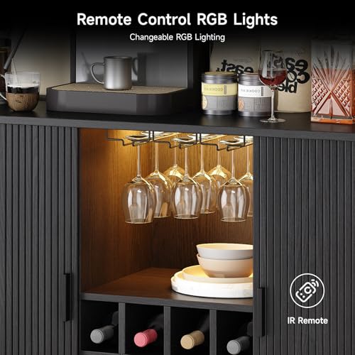 Image of ONBRILL 55 inch Wine Bar Cabinet with LED Light,Modern Liquor Whiskey Coffee Station with Wine Rack and Glass Holder, Farmhouse Buffet Sideboard with Storage for Living Room, Kitchen, Entryway (Black)