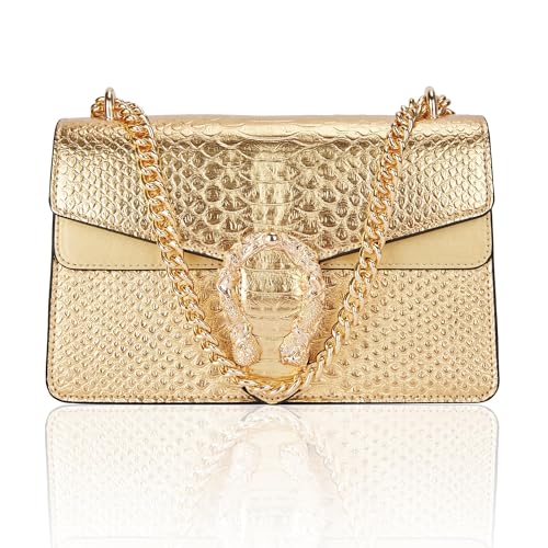 Image of Crossbody Shoulder Square Purse For Women - Fashion Embossed Snake-Print Leather Handbag Metal Chain satchel Tote Bag