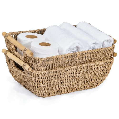 Image of Artera Shallow Wicker Storage Basket - Large Woven Seagrass Baskets with Wooden Handles for Bathroom, Kitchen Pantry Organizing, Perfect as Drawers, 16.9 inch x 13 inch x 6 inch (2, L)