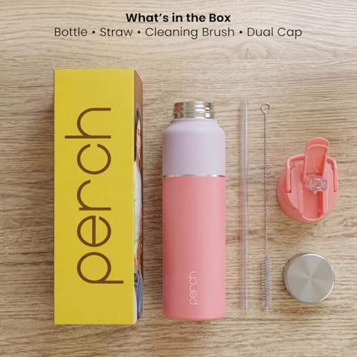 Image of Perch Magic Stainless Steel Water Bottle 1 Ltr | ISI Certified | Single Wall Fridge Bottle | Dual Cap & Straw Cleaner | BPA Free | for Travel, Gym, School & Home | Pink | Crafted by Pexpo