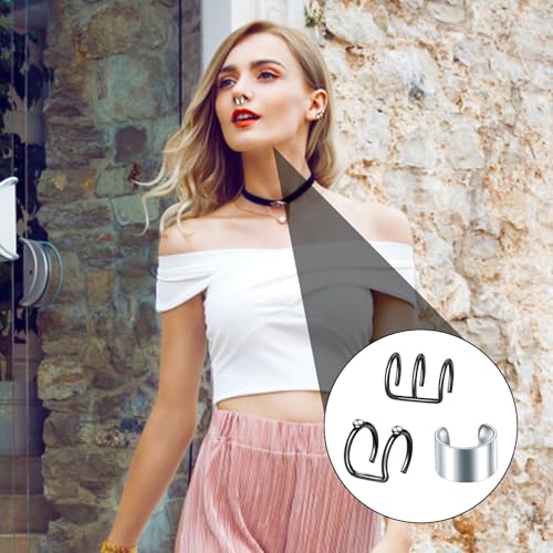 24 Stück Fake Piercing, Ohrklemmen und Fake Piercings in Silber und Schwarz, Ideal für Ear Cuffs, Fake Nose Rings und Fake Lip Rings, Das perfekte Geschenk für Geburtstag