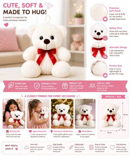 Image of Cute Teddy Bear Soft Toy Plush Stuffed Animal with Red Bow for Kids Baby - Soft Huggable Teddy Doll for Cuddling, Birthday Gift & Home Decor 25CM
