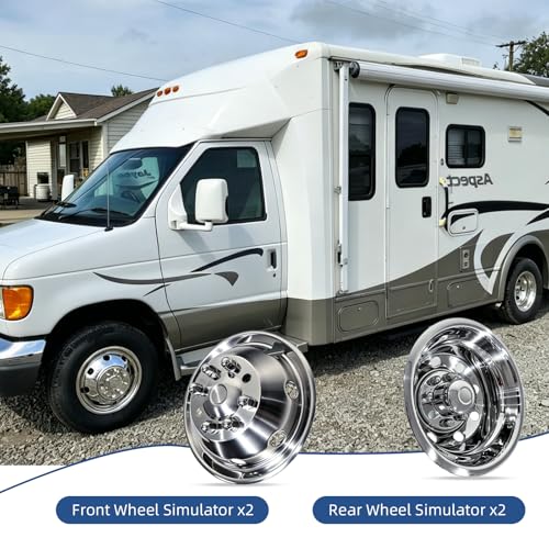 Image of hightall 16 Wheel Simulators, 16 inch 8 Lug 8 Vent Holes,Stainless Steel RV Hubcaps,Polished Surface,2Pcs Front Wheel /2Pcs Rear Wheel,Bolts On Wheel Cover Compatible with Ford 1992-2007 E-350 /E450 Dually