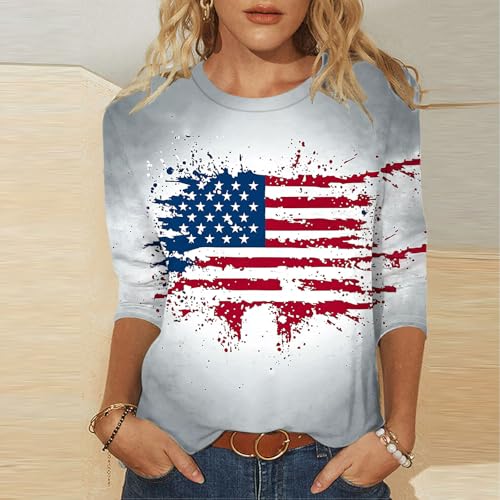 Image of Fourth of July Shirts for Women 3 /4 Sleeve Summer Tops American Flag Print T Shirt Patriotic 4th of July Shirts 2025