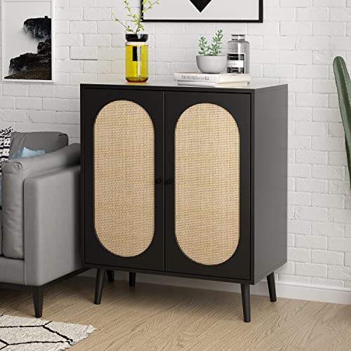 ORRD-Sideboard-Buffet-Cabinet-High-Kitchen-Storage-Cabinet-with-Rattan-Doors-and-Adjustable-Shelves-Accent-Home-Furniture-for-Living-Room-Bedroom-Black