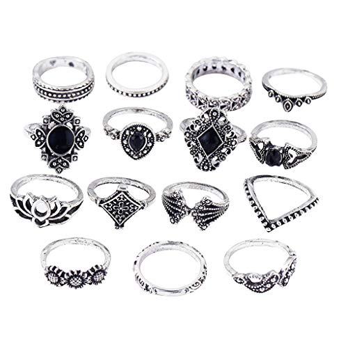 Xiazheuy 15 PCS Rings Set for Women and Girls,Sliver Bohemian Mid Ring Set Flower Crown Hollow Out Joint Knuckle Ring (Sliver)