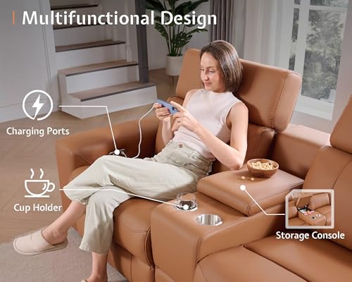 Image of AMERLIFE Power Recliner Sectional Sofa with Storage /USB Port, Leather Recliner Sofa with Adjustable Headrest, Reclining Sectional Couches with Console and Cup Holder for Living Room (Brown, 5-Seater)