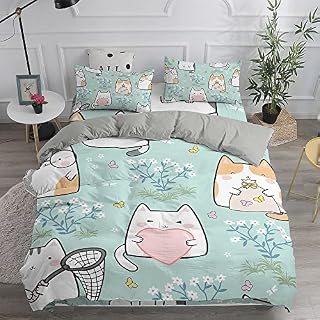 Cat Duvet Cover Set Single, Treer 3 Pcs Cute Animal Print Bedding Set Soft Microfiber Easy Care Quilt Cover witn 2 Pillow Cases Cartoon Style for Teens Girls Kids Reversible Duvet Set - 135 x 210 cm