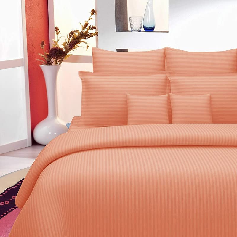 Image of 300 TC Glace Cotton Plain Stripe Queen Size Single Bedsheet with 1 Pillow Cover for Home, Hotel, Guest Room (60 X 90) Inch Light Orange Pack 1
