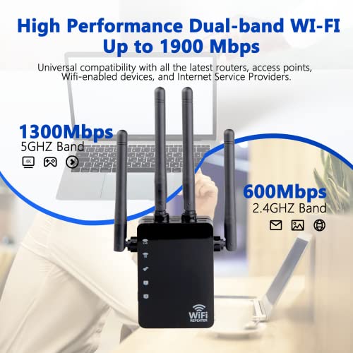 Wifi Extender Booster Repeater For Home & Outdoor, 1200Mbps Wall-Through Strong Wifi Booster, Dual Band 2.4G And 5G, 4 Antennas 360° Full Coverage, Supports Ethernet Port #TOP4