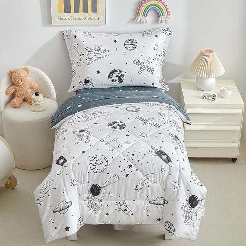 Image of DuShow 4 Piece Toddler Bedding Set for Boys,White Space Crib Bedding Sheets Set,Soft Toddler Comforter Set Bed in a Bag | Include Comforter,Flat Sheet,Fitted Sheet,Pillowcase