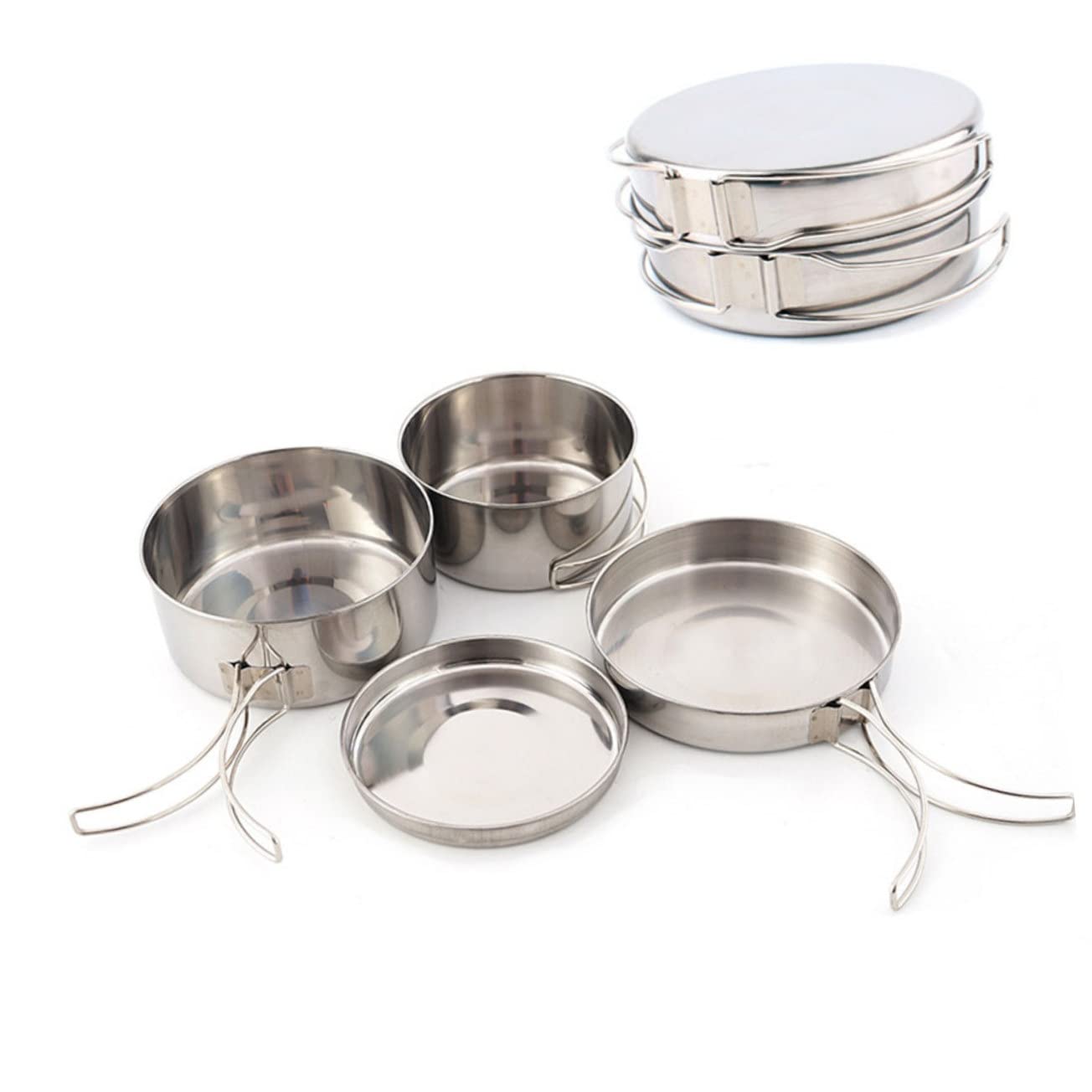 Abaodam 4pcs Stainless Steel Cookware Set Durable Portable Cooking Pan for Camping Hiking Outdoor Cooking Lightweight Kitchenware for People Essential Camping Accessories