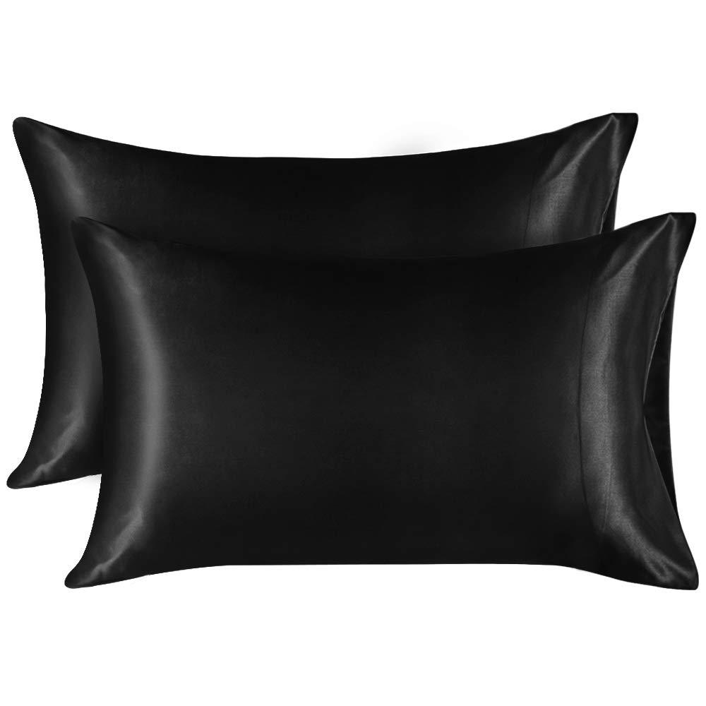 Lirex Silk Pillowcase 2-Pack, King Size Satin Pillowcase Soft Solid Color Microfiber, Wrinkle Free Fade Resistant Breathable, Black