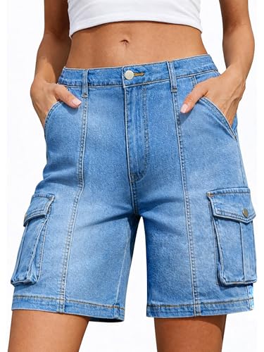ELLEVEN Bermuda Cargo Jean Shorts Women Elastic High Waisted Denim Long Shorts Baggy 7 Inch Inseam Jorts Y2K Summer Jorts with Pockets Blue Denim Medium