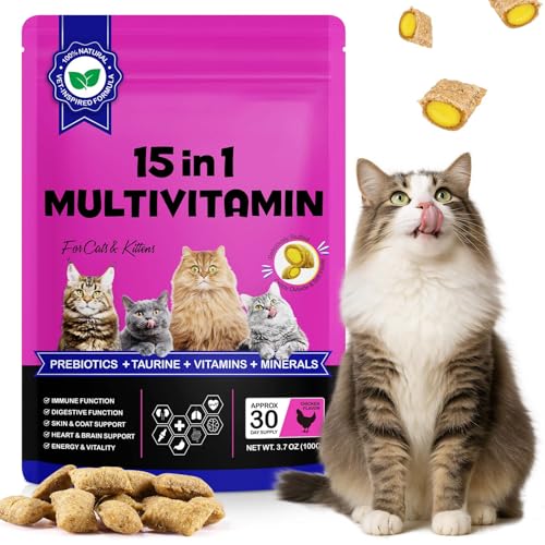 15-In-1 Integratori Multivitaminici Masticano Per Gatti E Gattini - Snack Naturali E Sani Per Trattare, Taurina Per Immunità, Digestivo, Articolazione, Cuore, Pelle E Mantello (Pollo Per 30 Giorni)