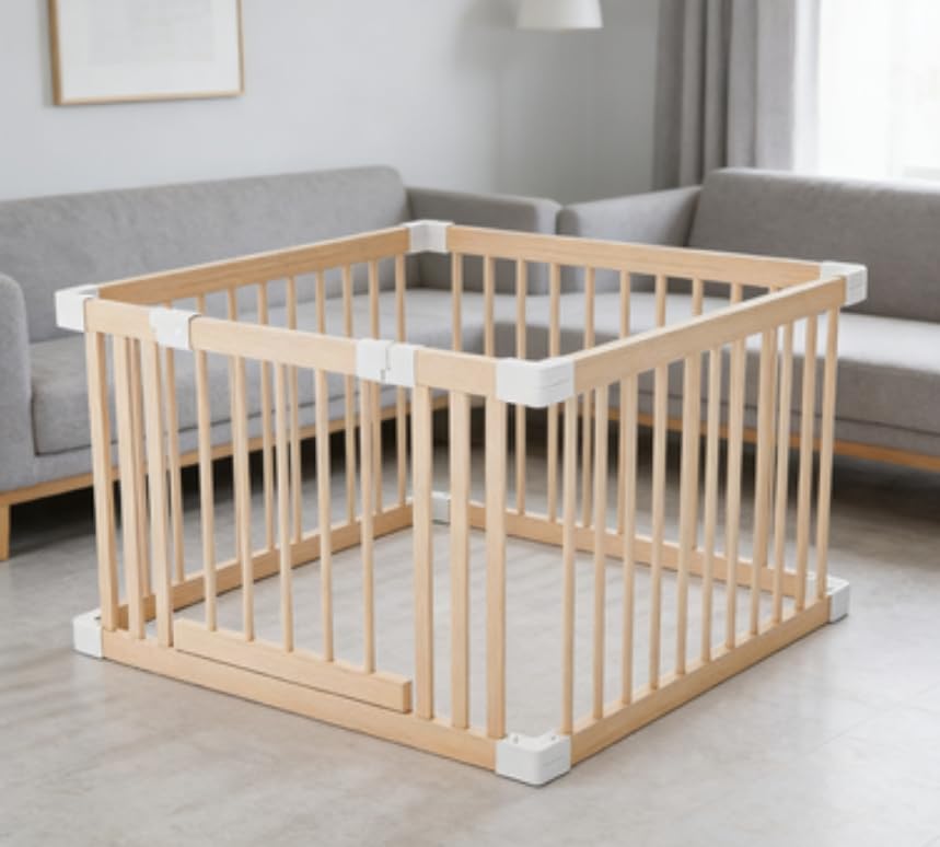 Baby Playpen, Wooden Playpen for Babies and Toddlers,Large Adjustable Wooden Baby Playard with Locking Gate, Easy to Assemble, Portable Play Pen (29.32x24.88Inch)