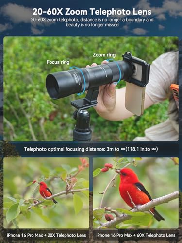 MIAO LAB 20-60X Zoom Telephoto Lens, High Power Telephoto Mobile Cell Phone Lens with Tripod & Universal Phone Clip, for iPhone 16/15/14/13 Series, Samsung, Android Phone and Most Smartphone - Image 4