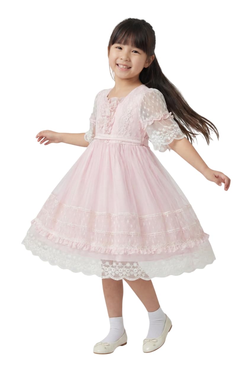 Vestido Rosa de Encaje con Mangas Transparentes Bordadas para bebés y niñas, Ideal para Bodas y Fiestas