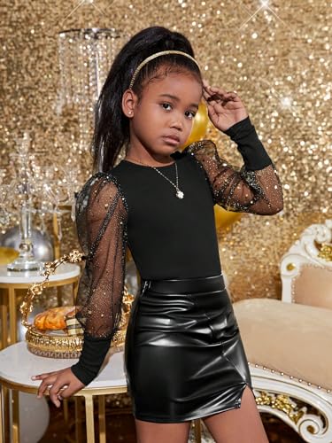 WDIRARA Girl's Round Neck Long Sleeve Contrast Mesh and Contrast Sequin Party Top4