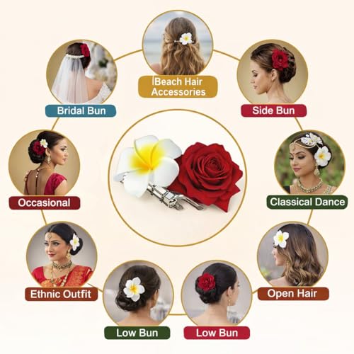 Image of Tia Crafts White Hawaii Plumeria Flower & Red Rose Flower Hair Clips for Women and Girls | Floral Hair Accessories for Wedding, Haldi, Mehendi, Festival, Party, Bridal Bun Decoration | Pack of 2