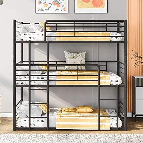 BIADNBZ Triple Bunk Beds with Built-in Ladder, Twin Size Metal Bunkbeds w/Ladders and Full-Length Guardrails for Kids, Boys, Girls, Teens, Divided into Three Separate Beds,Black