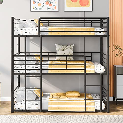 Biadnbz Heavy Duty Metal Twin Over Twin&Twin Triple Bunk Bed With Built-In Ladder, Divided Into Three Separate Bedframe For Living Room,Dorm,Black #TOP22