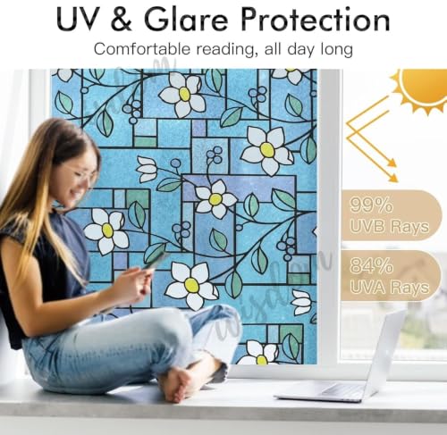 Image of WISDOM Privacy Window Film Frosted Glass Film Glass Film No Glue Anti-UV Window Sticker Non Adhesive for Privacy Office Meeting Room Bathroom Living Room (Flower Jasmine, 12 x 80 inch)