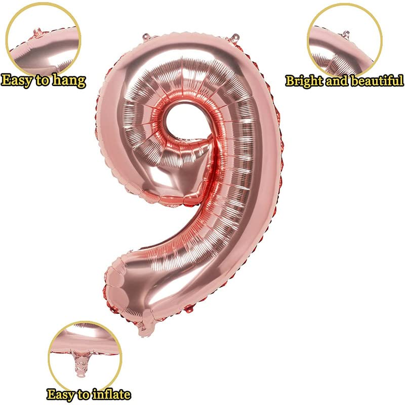 Image of Bubblebells Rose Gold 32 Inches 9 Numbers Shape Large Big Foil Helium Balloons for Party Decorations in Happy Birthday Anniversary Office Items Materials Set Pack