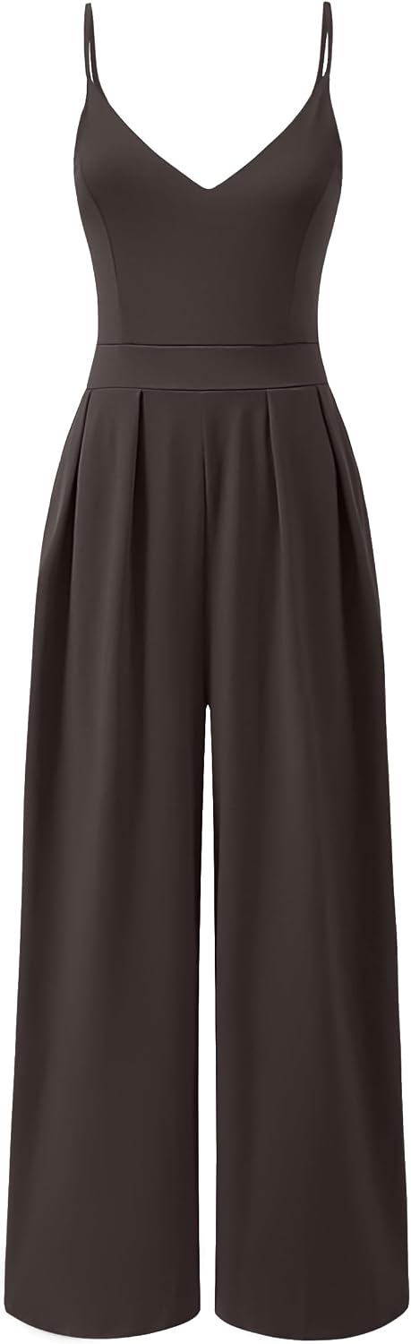 ANRABESS Women V Neck Spaghetti Strap Wide Leg Dressy Jumpsuits 2026 Summer Casual One Piece Jumper Romper Outfits & Pockets
